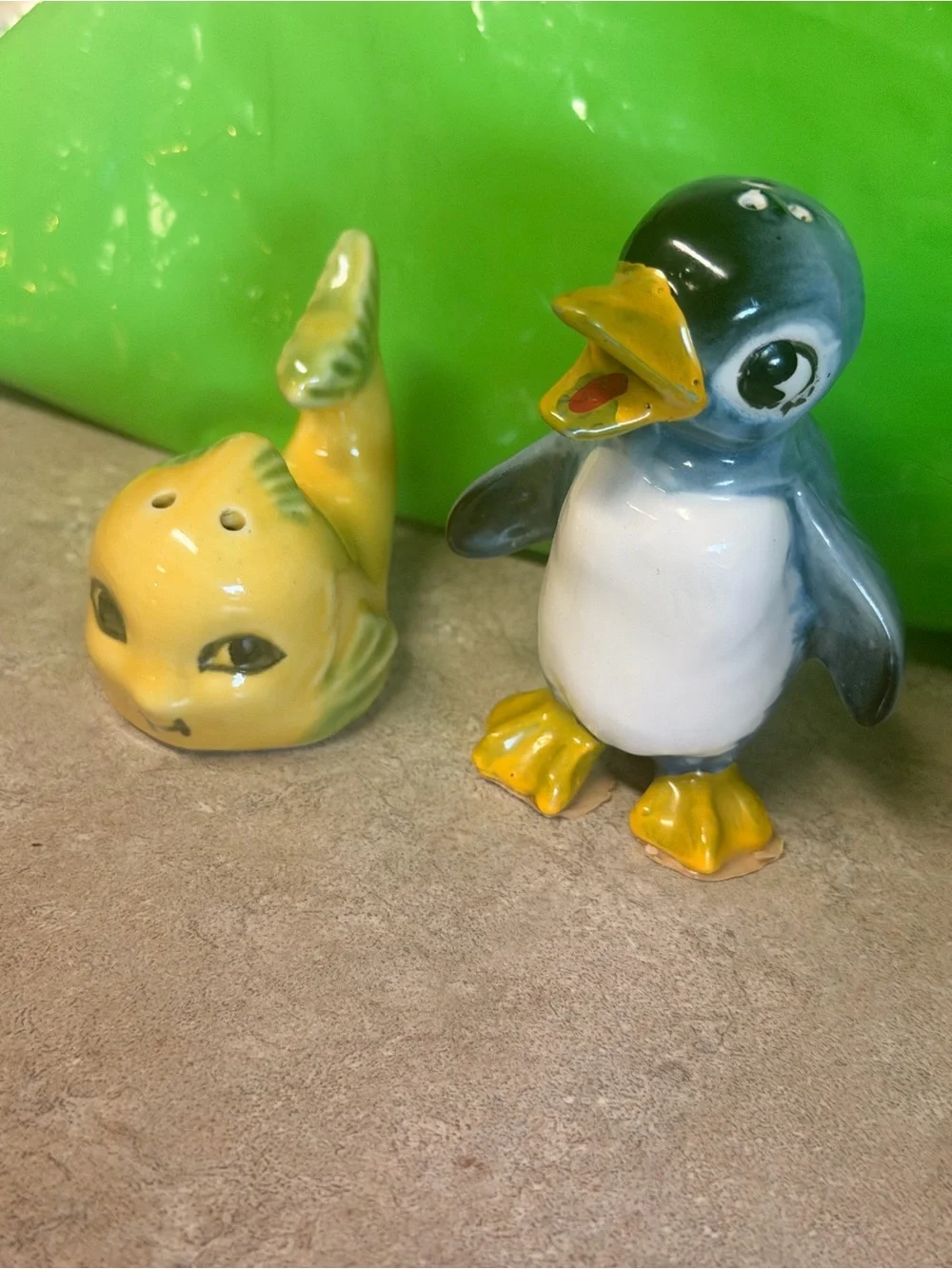 Vintage Penguin and Fish Salt & Pepper Shaker Set - Yellow & Blue
